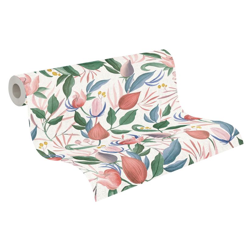 Carta da parati COSMOPOLITAN in tessuto non tessuto bianco verde rosa botanico con disegni floreali