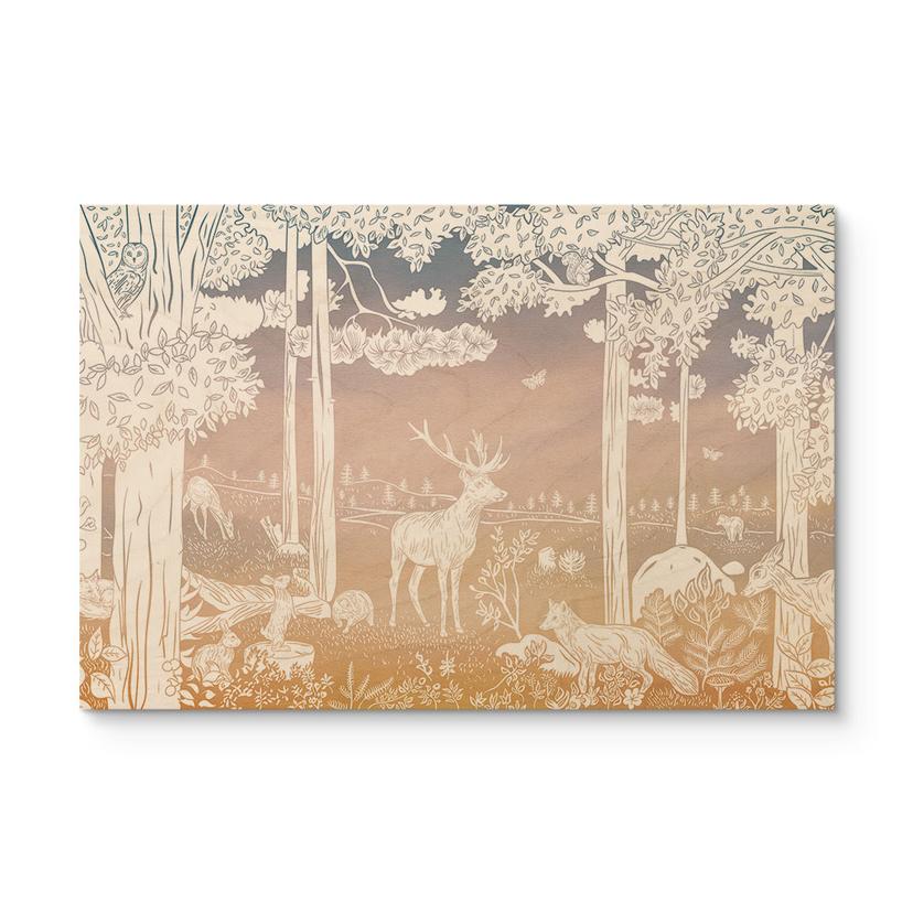 Tableau sur bois Forêt paisible avec cerfs et renards - Ombre - Kikki Belle