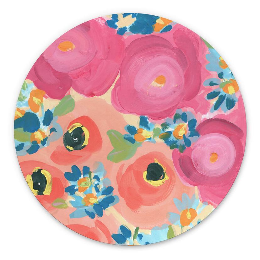Tableau sur alu-Dibond rond Zwara - Roses illustrées et anémones de corail