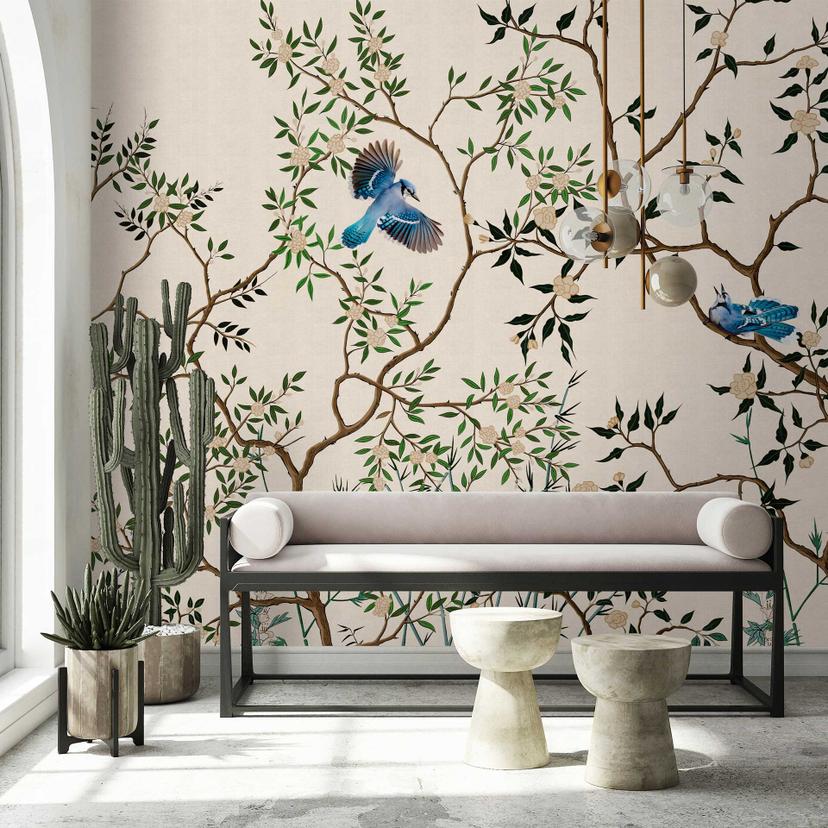Asiatisk fugletapet på grene - beige non-woven tapet med naturmotiver