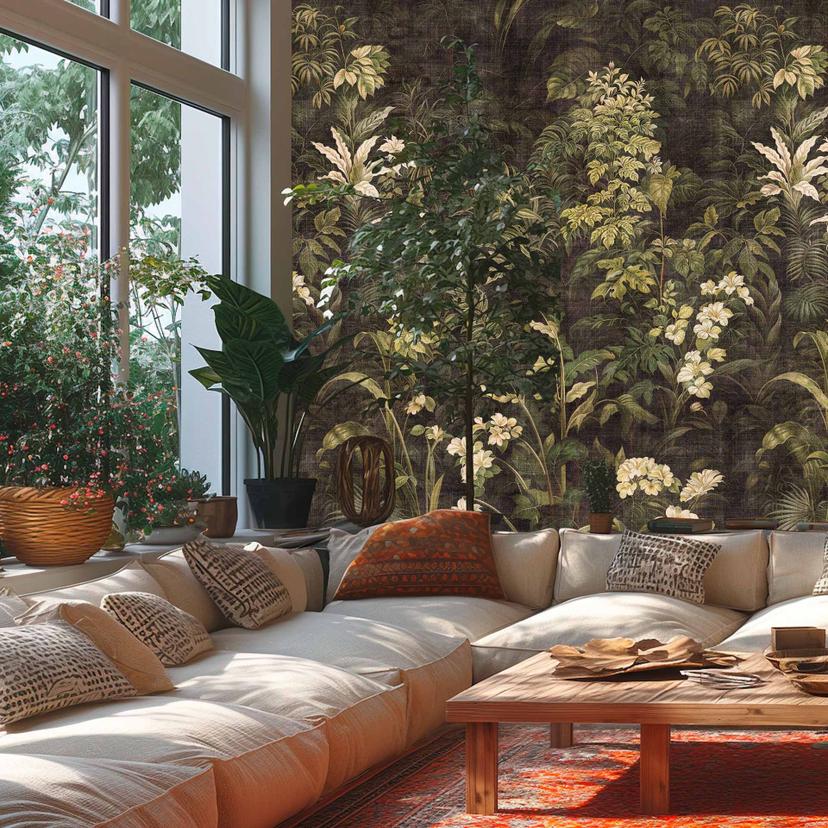 Jungle look mørkegrøn beige - Ikke-vævet tapet, kan forlænges