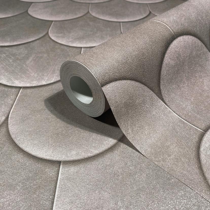 Non-woven tapet i grått 3D-look skalor vintage used look geometrisk