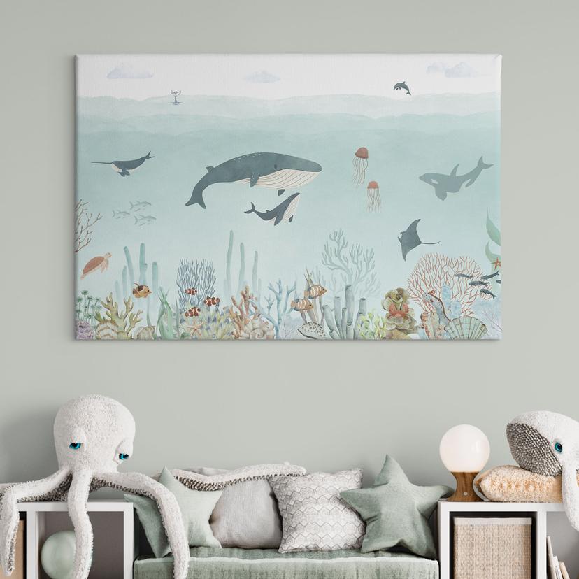 Canvas schilderij Onderwateravontuur met zeedieren - Blauw - Oliver Robins