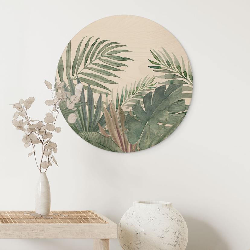Stampa su legno foglie di giungla verde acquerello - Decorazione floreale - Rotondo