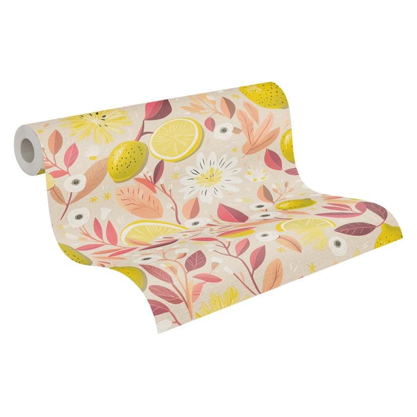 Papel pintado Limón rosa amarillo naranja - Papel no tejido colorido moderno - frutas y hojas