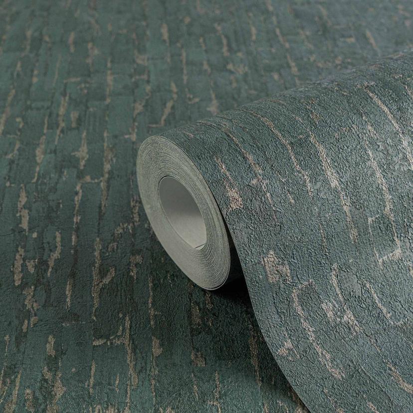 Papel pintado texturado con efecto 3D verde oscuro beige - Papel pintado no tejido moderno