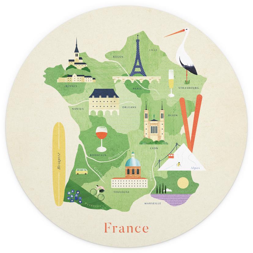 Fotomural Mapa de Francia - Rivers - Redondo - Papel pintado autoadhesivo/no tejido