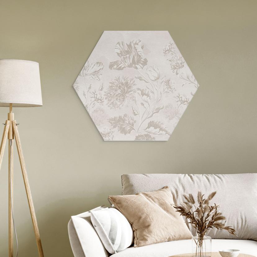 Stampe per pareti esagonali con fiori selvatici in gesso Greige - Bloomery Decor - Alu-Dibond