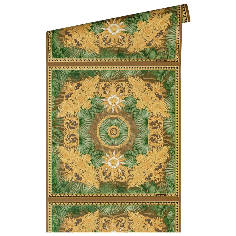 Carta da parati Versace in tessuto non tessuto oro e marrone con disegno di teste di medusa