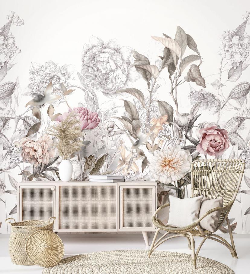 Fotomural con motivo Delicadas flores vintage en gris y rosa 3,4 x 3,18 m