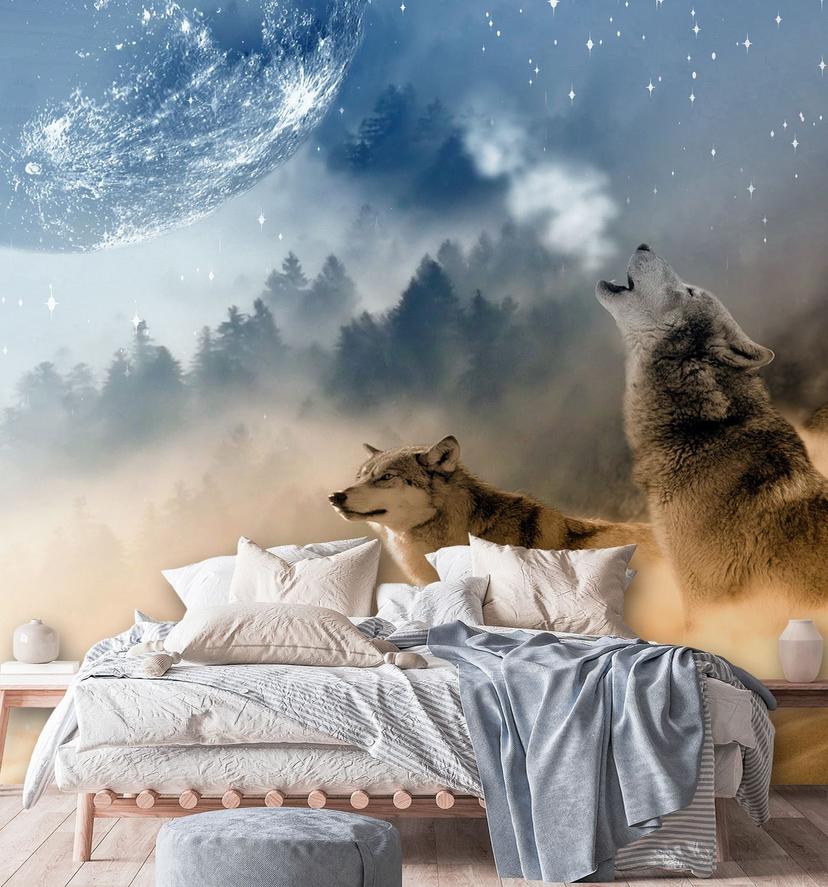 Fototapete, Heulende Wölfe und der Mond