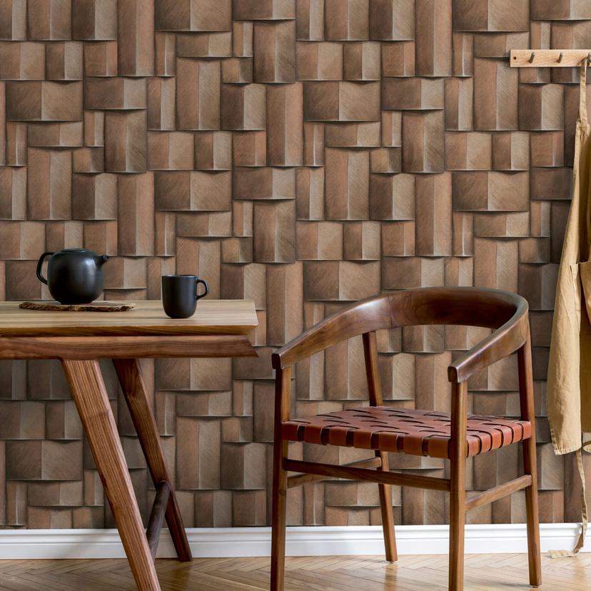 non-woven tapet med træmotiv geometrisk brun 3D-look