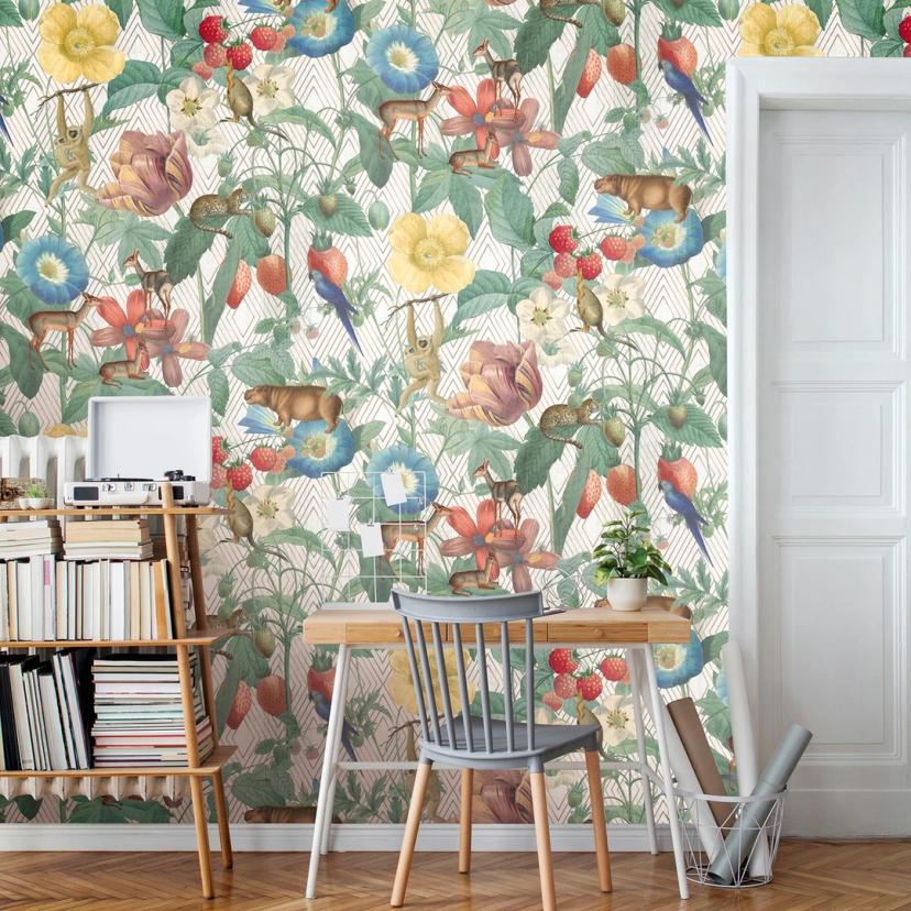 Carta da parati con piante e animali, illustrazione beige 3,40 x 1,59 m