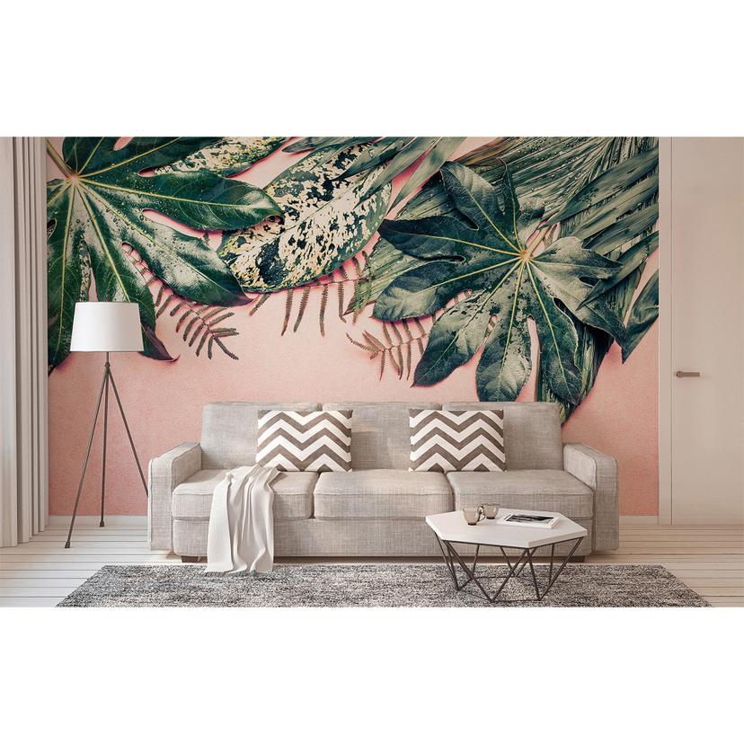 ikke-vævet tapet Blade Variety palmetræer jungle fototapet Designwalls i pink og grøn