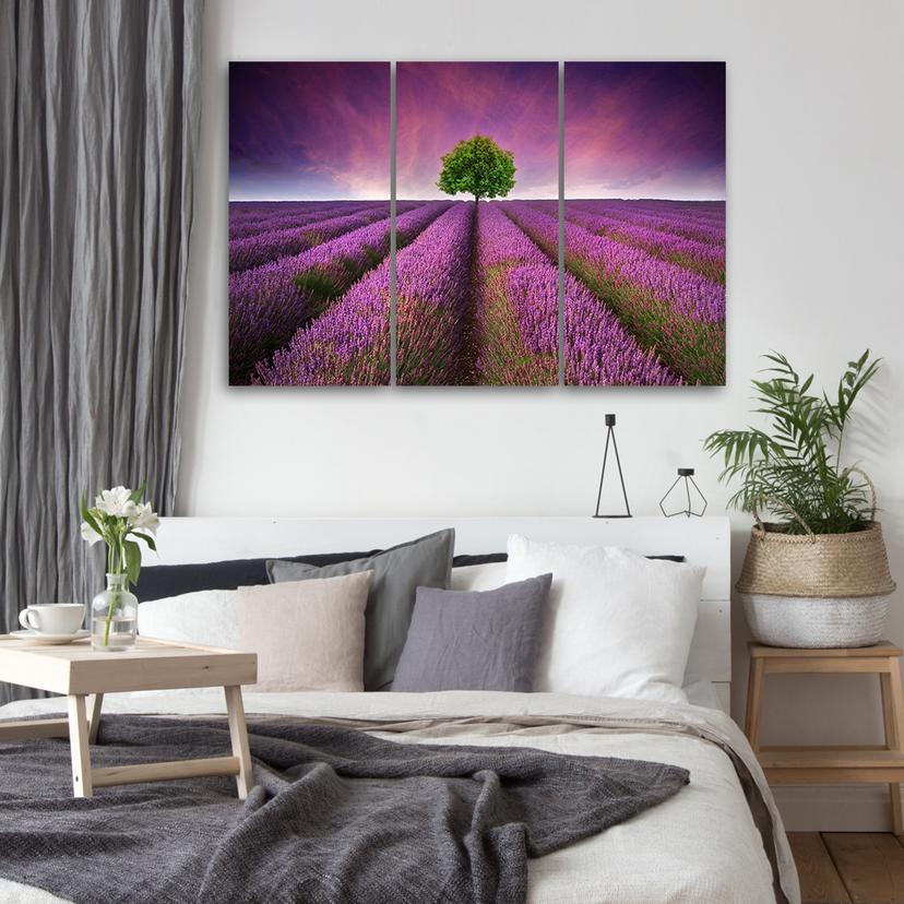 Stampa su tela 3 pezzi, prato di fiori viola
