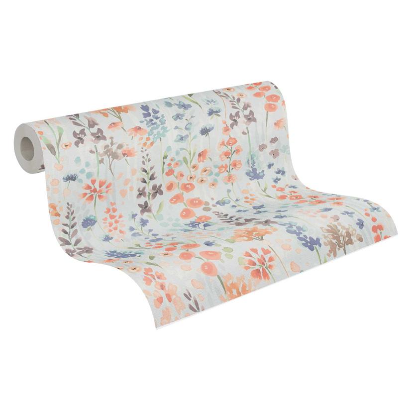 Papel pintado Floral acuarela azul naranja - Papel pintado de muestra - Papel pintado no tejido
