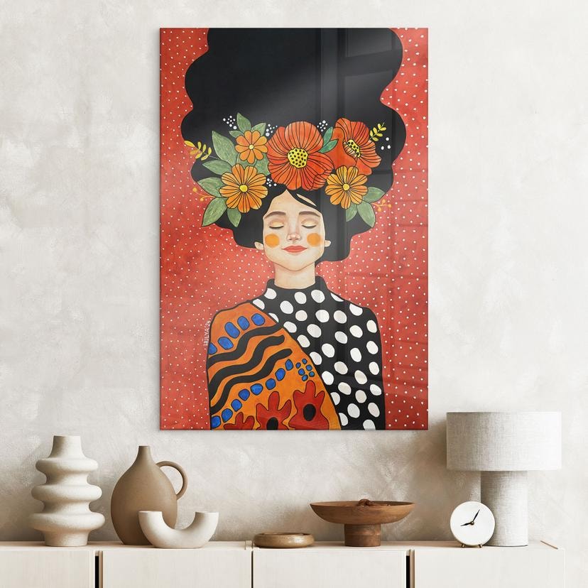 Stampa su acrilico Donna sorridente con fiori d'arancio - Hülya