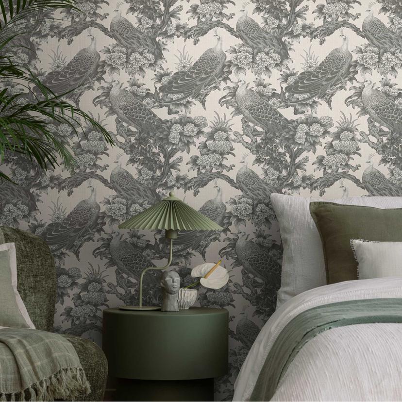 Fugletapet creme grå - Ikke-vævet tapet med påfugle og blomstermønstre i et vintage-look