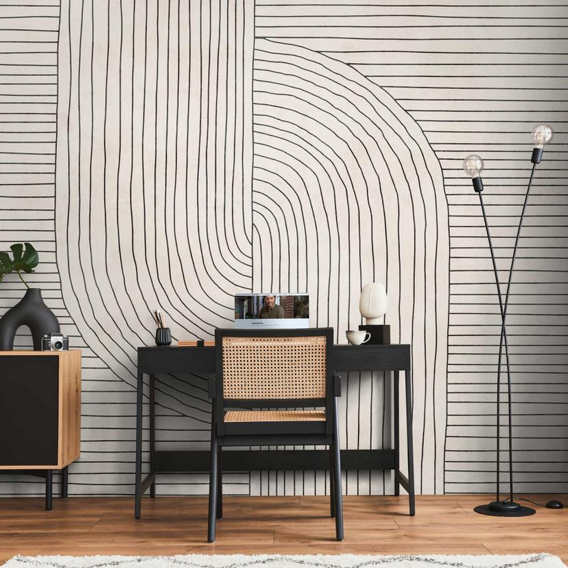 Modern Beige Black - ikke-vævet tapet med stregmønster til stue og kontor