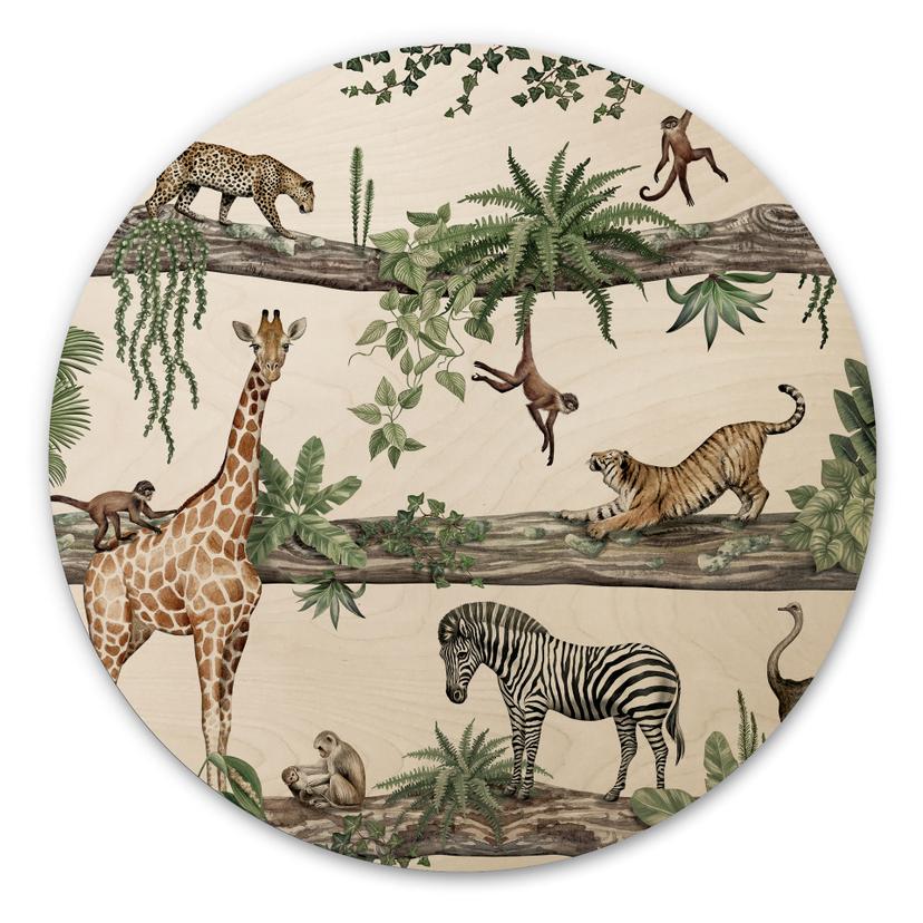 Cuadro de madera Animales africanos en la jungla - Kikki Belle - Redondo