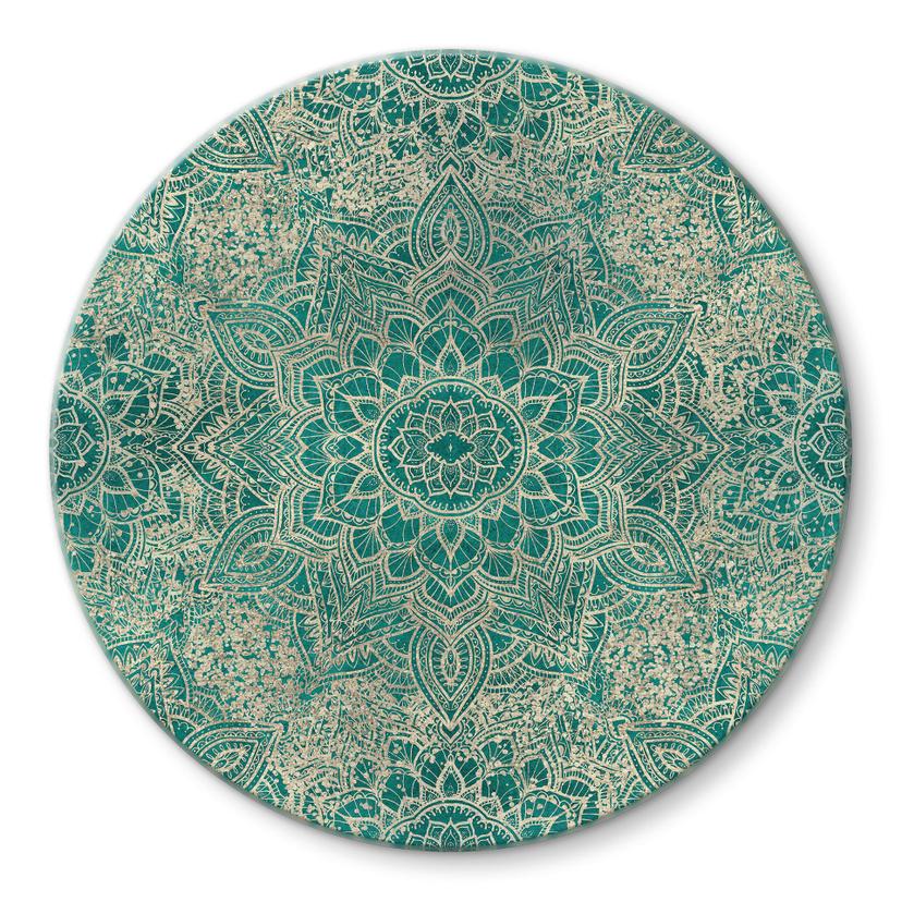 Tableau en verre Mandala Boho or-vert - Bloomery Decor - Rond