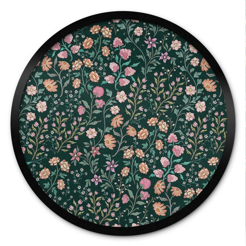 Plakat Engblomster Vintage - Mørkegrøn - Blomsterdekoration - Rund