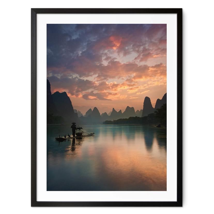 Póster Zhang - Paisaje fluvial asiático al atardecer