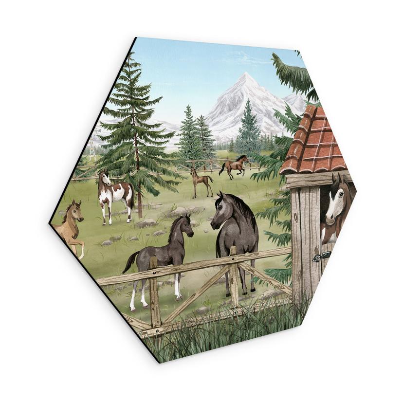 Hexagon Wanddecoratie Paardenwei in het Natuurpark - Oliver Robins - Alu-Dibond