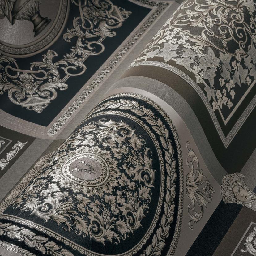 Carta da parati design Versace in argento e nero Carta da parati in tessuto non tessuto effetto baro