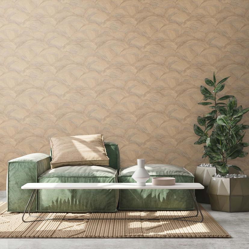Papel pintado ondulado beige, marrón, dorado - papel pintado moderno brillante para la cocina