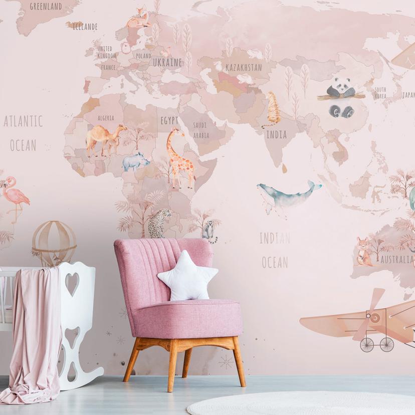 Fototapet verdenskort dyr rosa beige 3,75 x 2,50 m - ikke-vævet tapet til børn