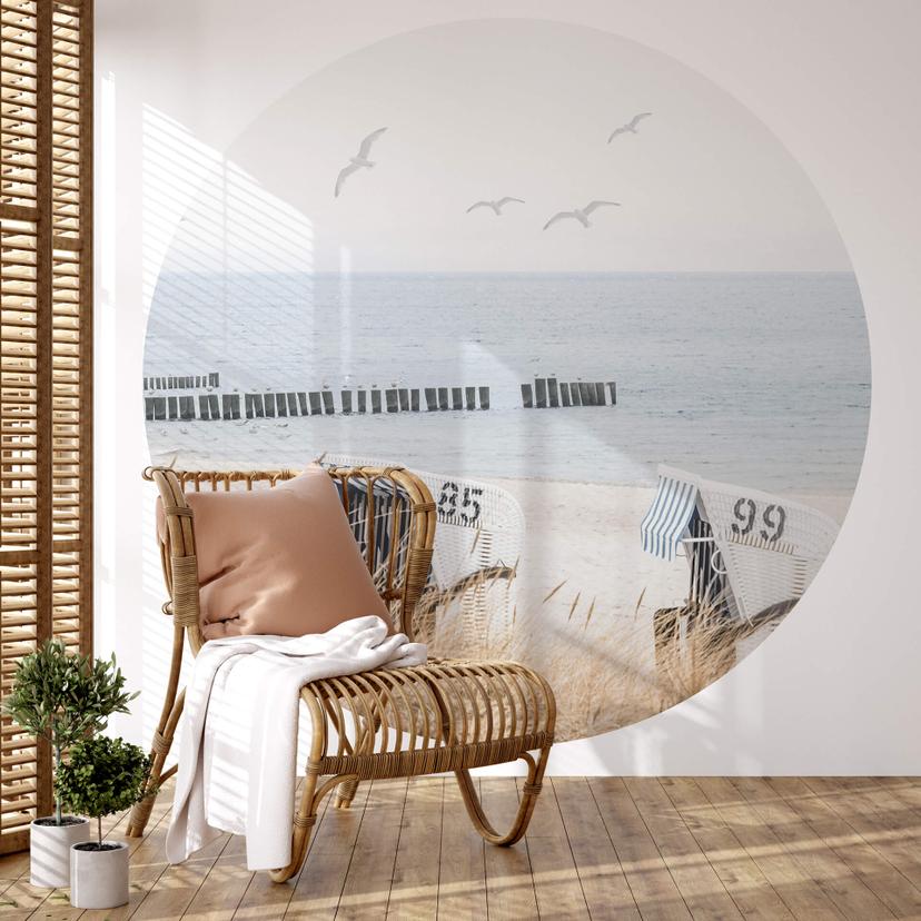 Fototapet med strand og havudsigt - rundt - vliesetapet/selvklæbende non-woven tapet