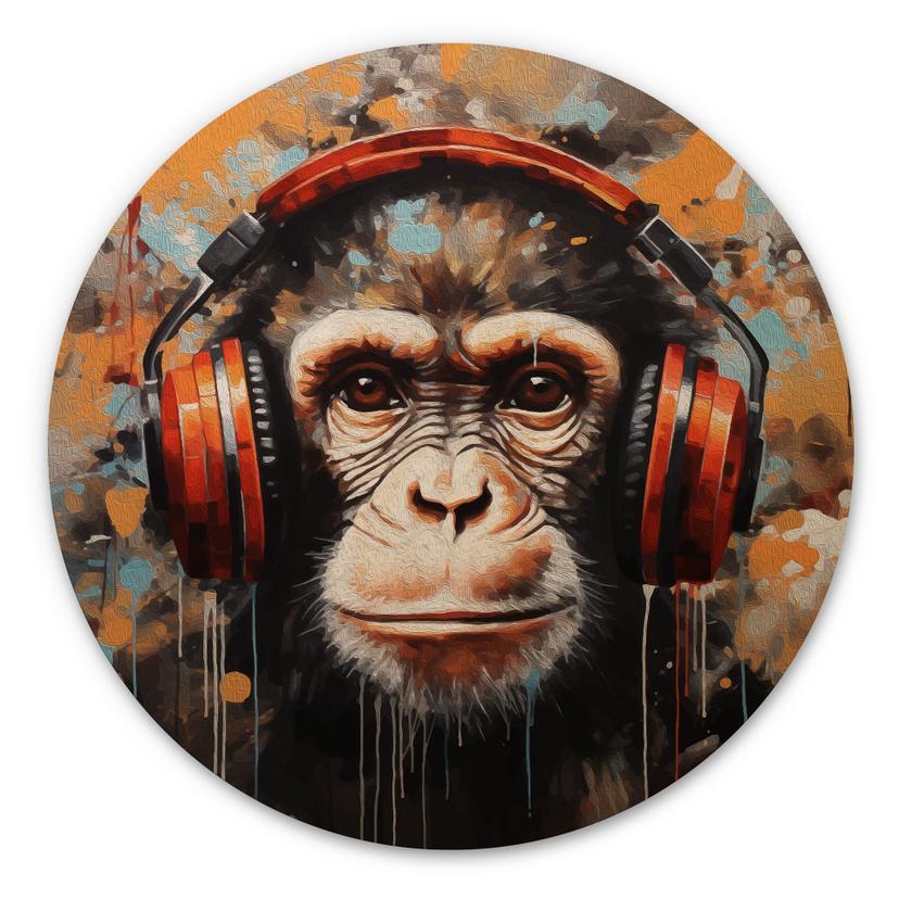 Cuadro de madera mono DJ con auriculares - Magnusson - Redondo