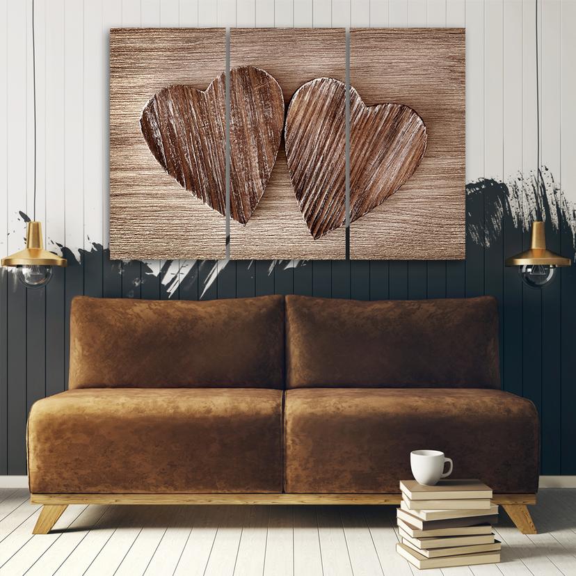 Stampa su tela 3 pezzi cuore legno marrone retrò shabby