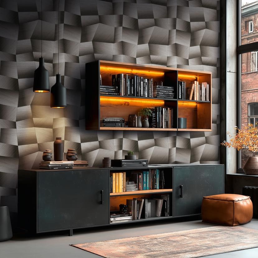 Ikke-vævet tapet Damian Refined Dimensions 3D geometrisk grå sort - tapet metallic moderne