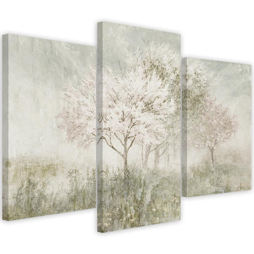 3 stykke lærredstryk, et blomstrende træ på engen