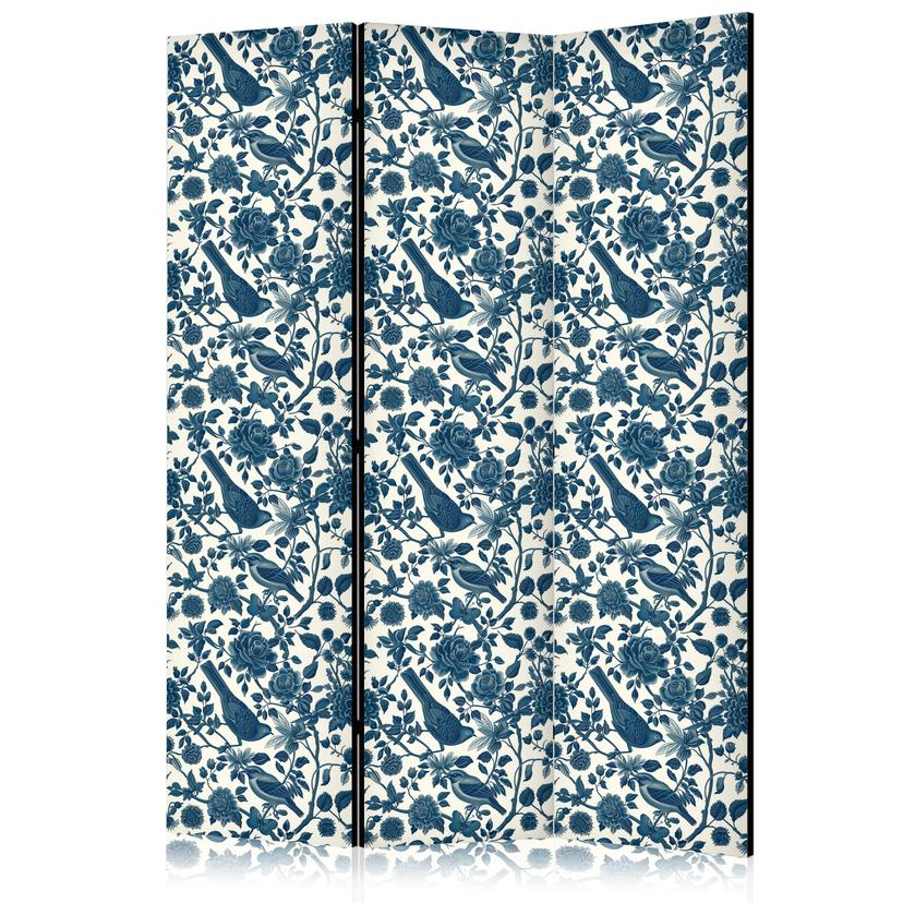 Paravent, Raumteiler freistehend, Trennwand - Rose Vines - Monochromatic Blue Birds Resting Among Ro