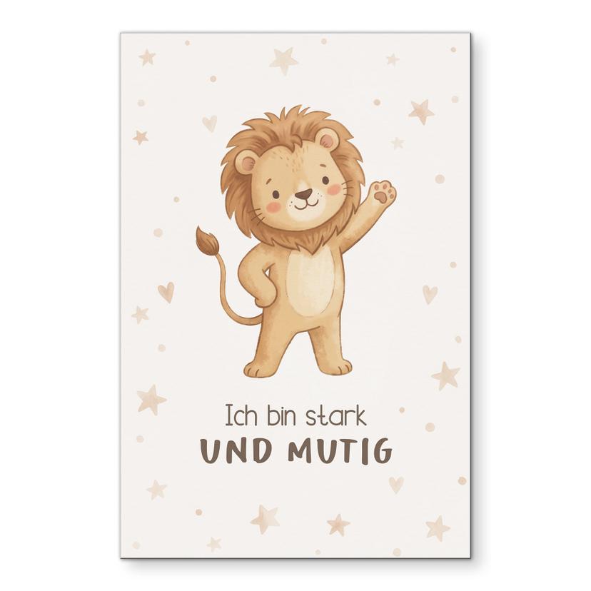 Alu-Dibond Wandbild mit Löwe - Kraftsatz 'Ich bin stark und mutig' für Kinder