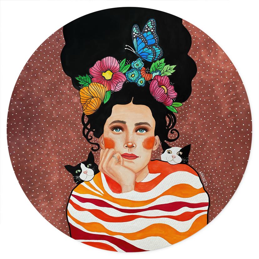 Adesivo murale Donna con corona di fiori e gatti - Hülya - Rotondo
