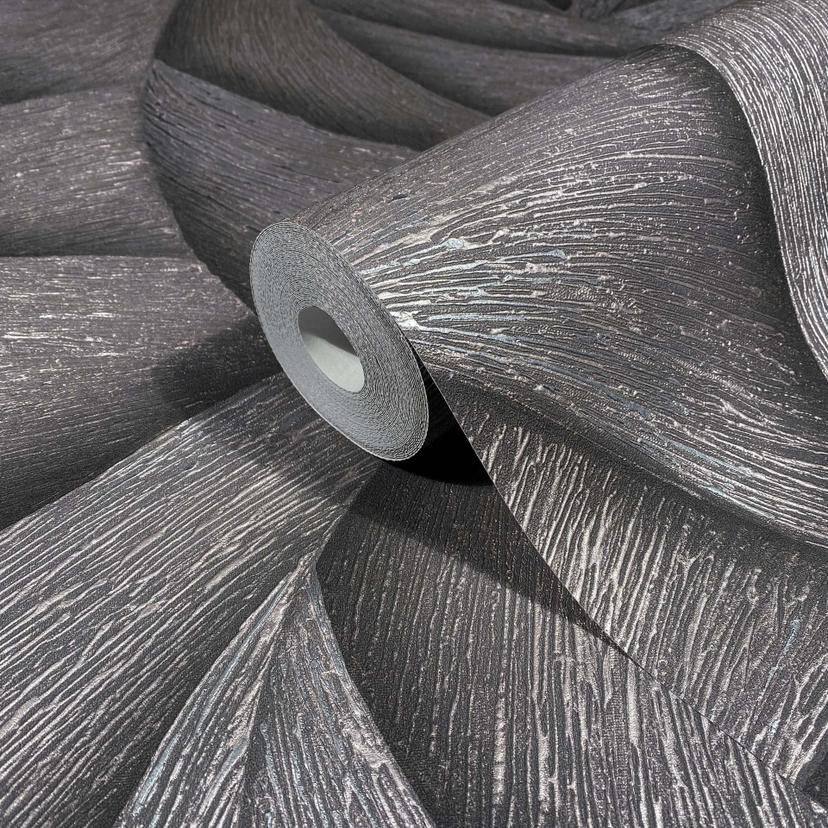 Non-woven tapet i svart, brons 3D-look vågor grafisk modern
