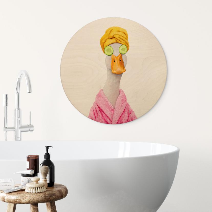Houten Wanddecoratie Grappige Wellness Eend met Komkommermasker Rond - Korenkova