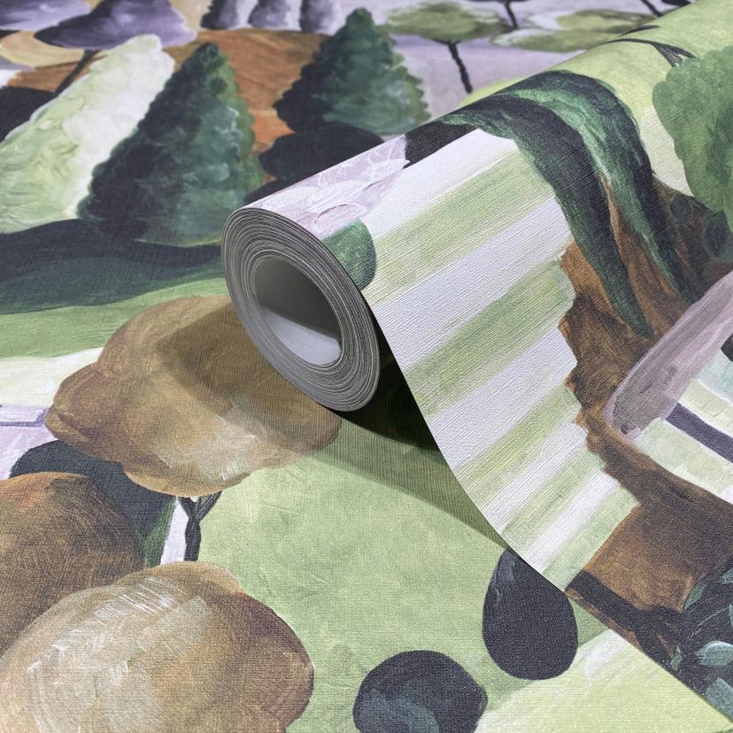 Non-woven tapet i färgglada pittoreska träd grafisk modern