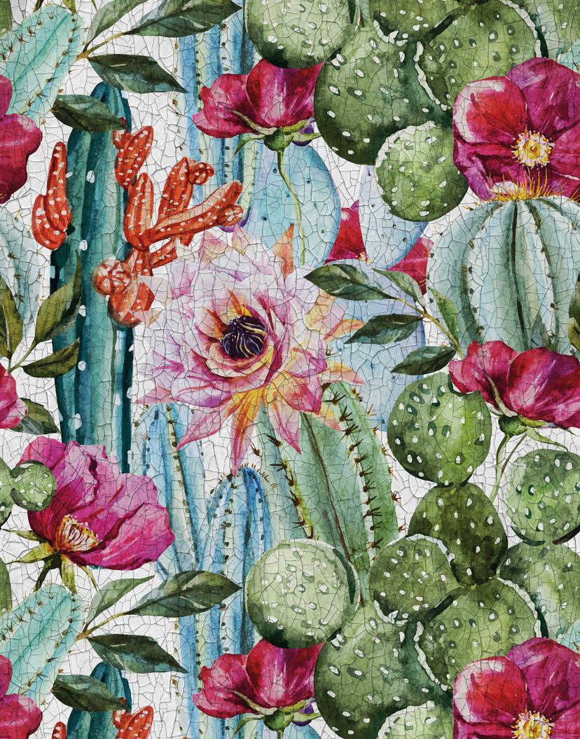 Papier peint motif cactus et fleurs aquarelle en vert et rose avec Mexique Boho 2,7 x 2,12 m