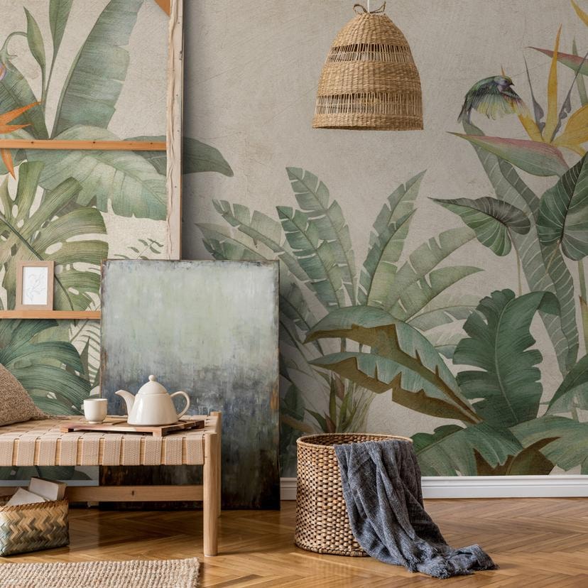 Tropiske blade vintage grøn beige 3,75 x 2,50 m - Ikke-vævet tapet botanisk stil