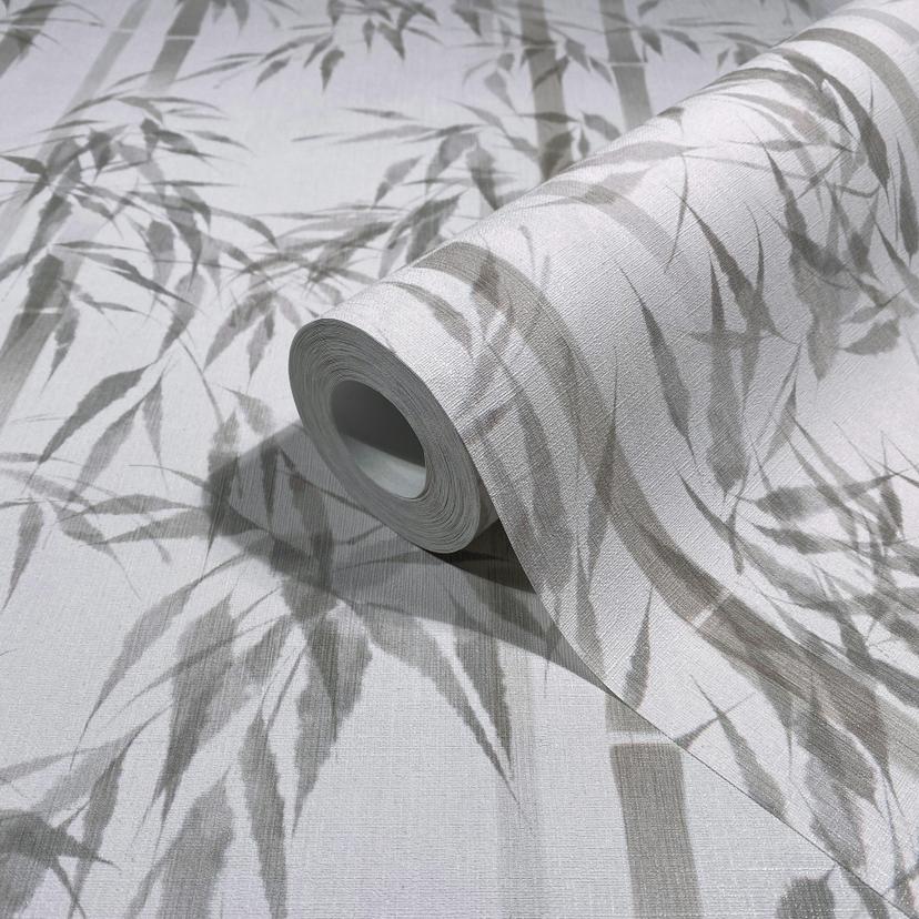 Papel pintado no tejido de color gris hojas de bambú naturaleza floral