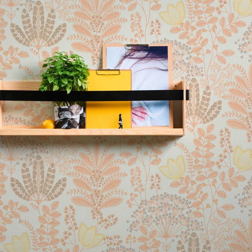 non-woven tapet med blade i retrostil hvid orange - blomstertapet blomster
