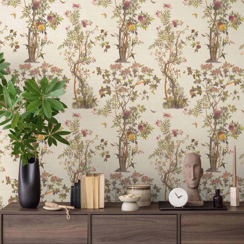 Papier peint à motifs floraux avec papillons crème vert rose - Papier peint intissé à motifs naturels