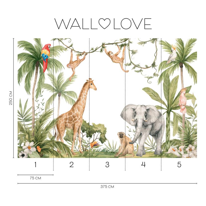 Animali della giungla verde bianco 3,75 x 2,50 m - Fotomurale per bambini in tessuto non tessuto tro
