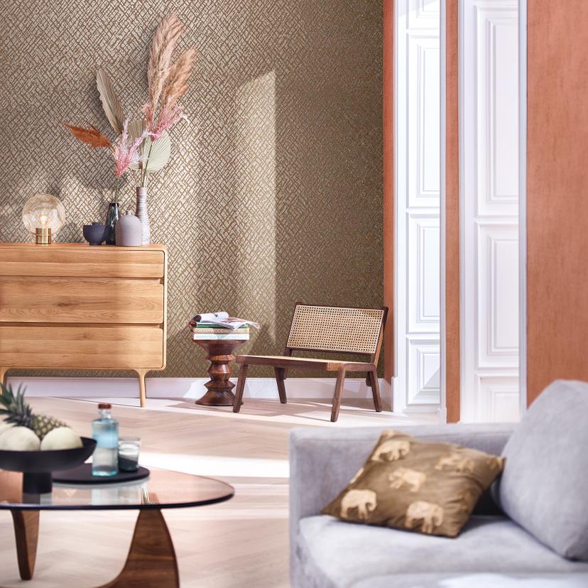 Ikke-vævet tapet med blankt gittermotiv beige, rød struktur