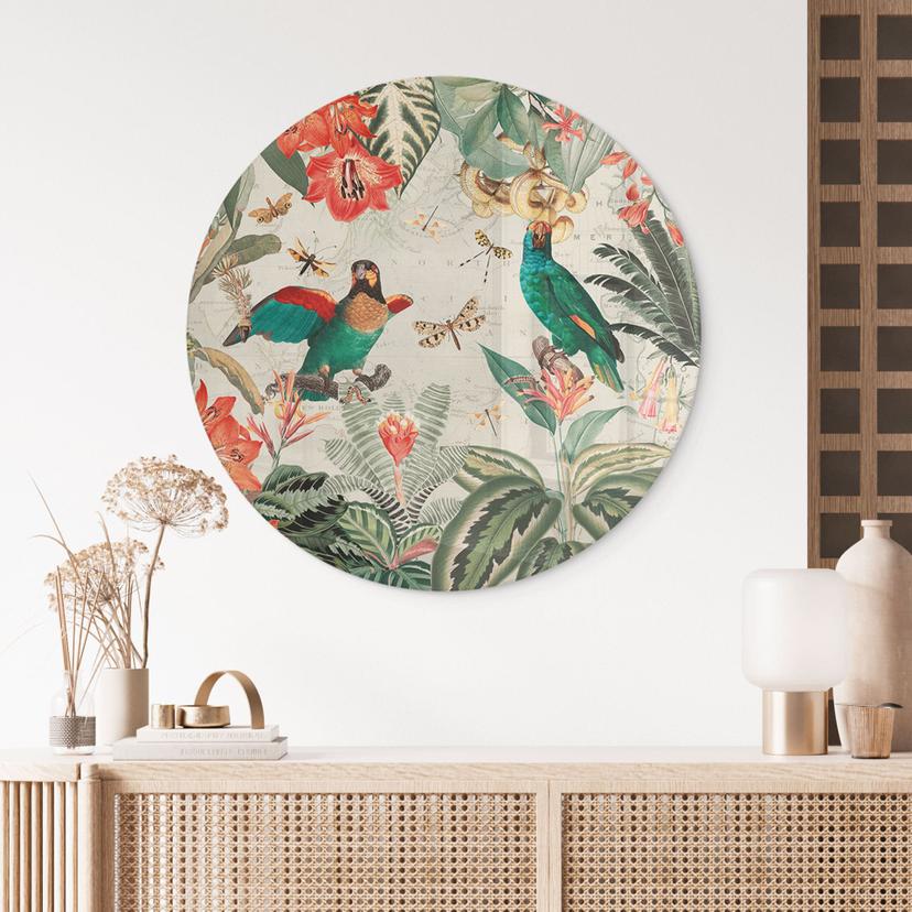 Tableau sur verre Jungle exotique avec perroquets - UN Designs